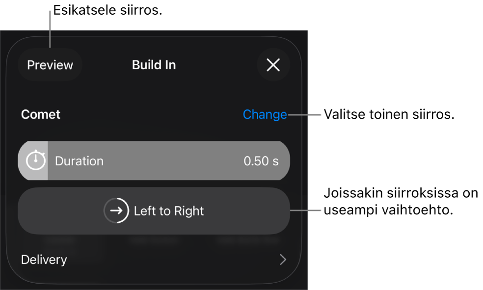 Valinnat-osion säätimet siirroksen muokkaamista varten.