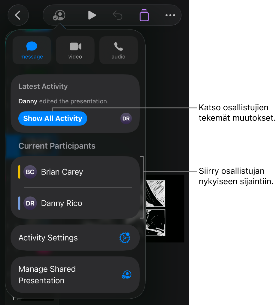 Yhteistyövalikko, jonka luettelossa on nykyiset osallistujat.