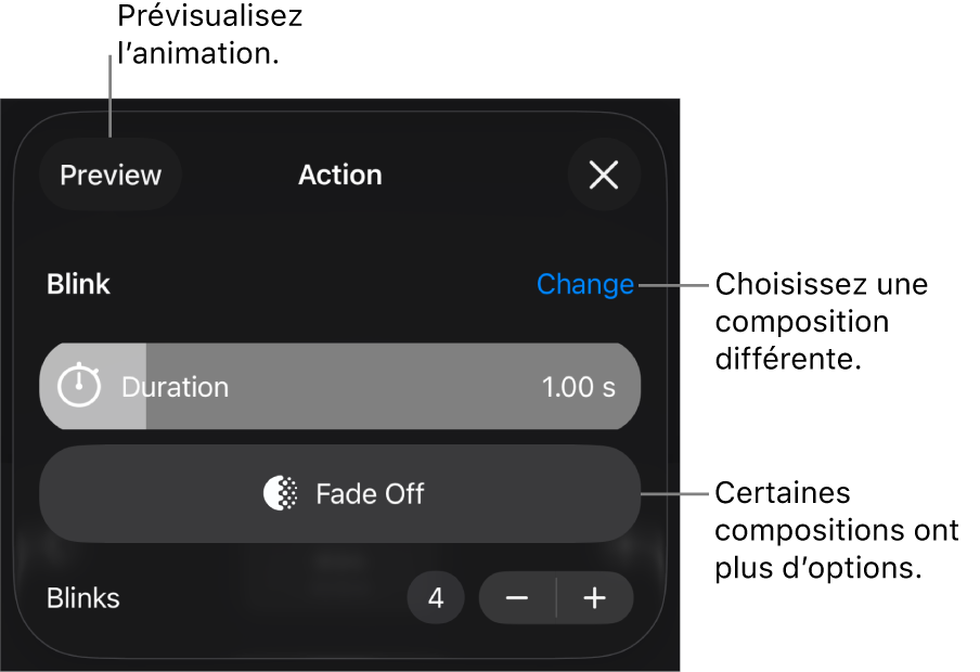 Les options de composition comprennent les minutages Durée et Début. Touchez Modifier pour choisir une composition différente, ou touchez Aperçu pour la prévisualiser.
