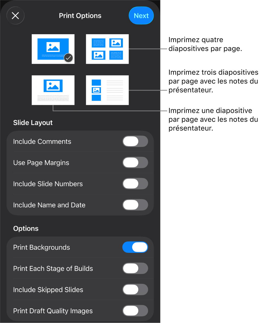 Options de disposition d’impression