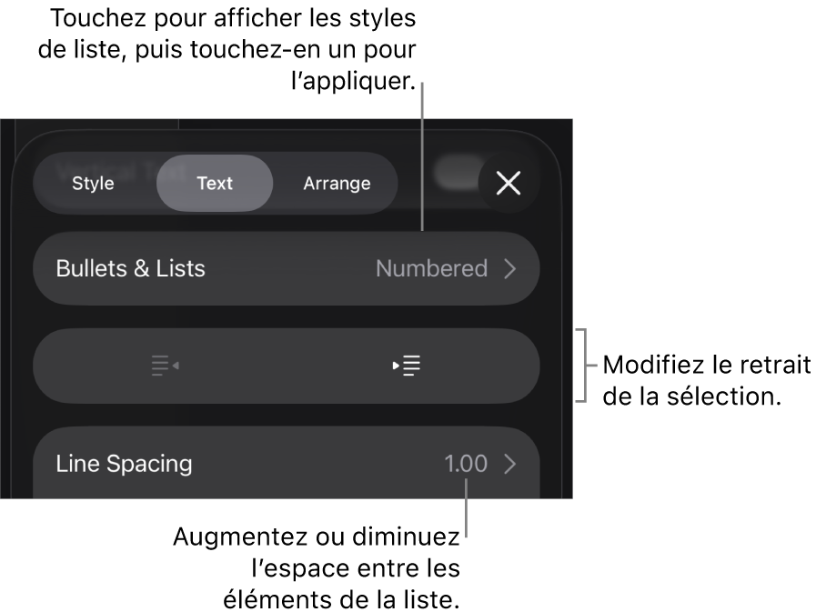 La section Puces et listes des commandes Format avec des légendes indiquant le menu Puces et listes, les boutons de retrait ou de suppression du retrait, et les commandes d’interligne.