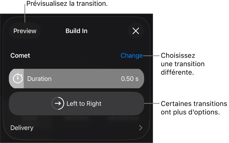 Commandes de la sous-fenêtre Options pour modifier une transition.