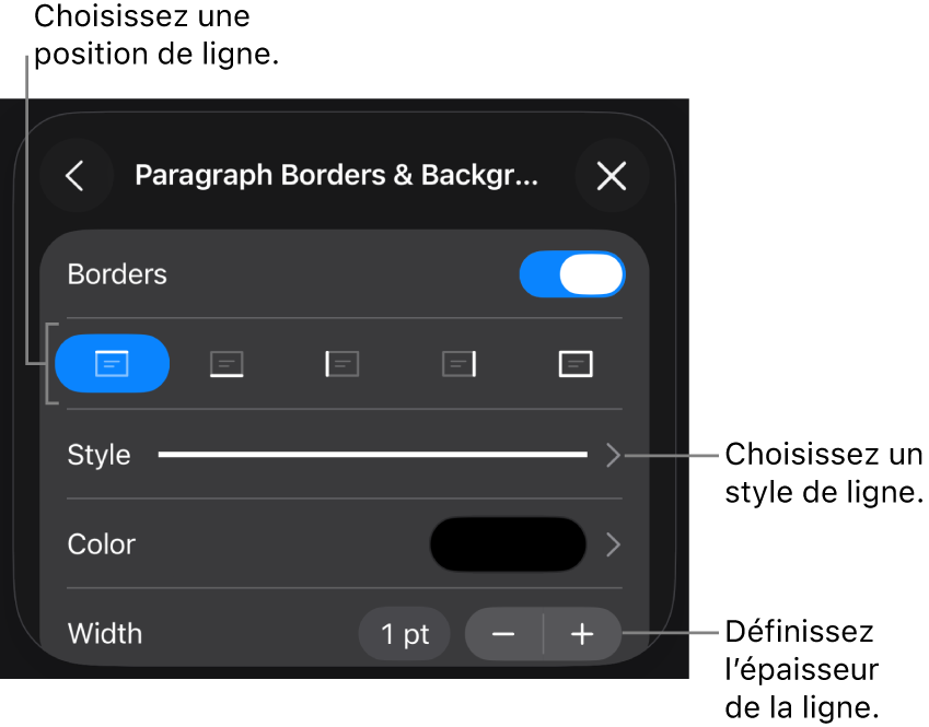 Commandes permettant de modifier le style, l’épaisseur, la position et la couleur de la ligne.
