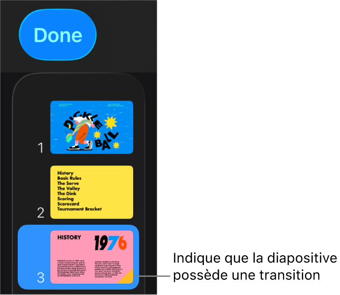Un triangle jaune sur une diapositive indique que la diapositive comporte une transition.