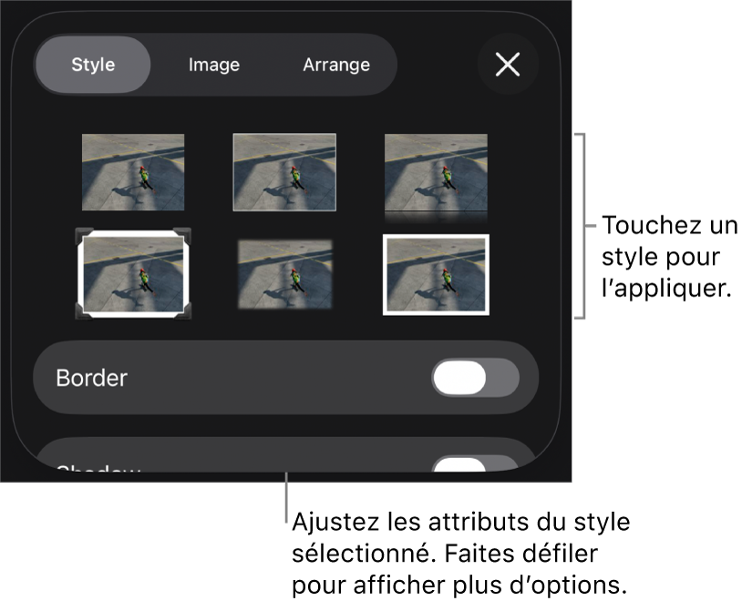 Onglet Style du menu Format avec des styles d’objet en haut et, en dessous, une commande de modification de bordure.