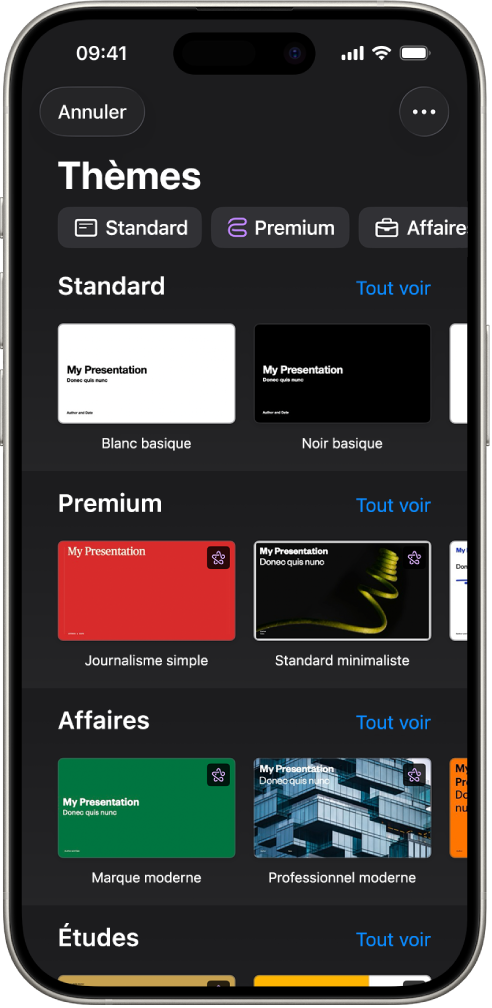 La liste de thèmes, avec un rang de catégories en haut que vous pouvez toucher pour filtrer les options. On trouve en dessous des vignettes de thèmes prédéfinis affichées en rangs par catégorie.