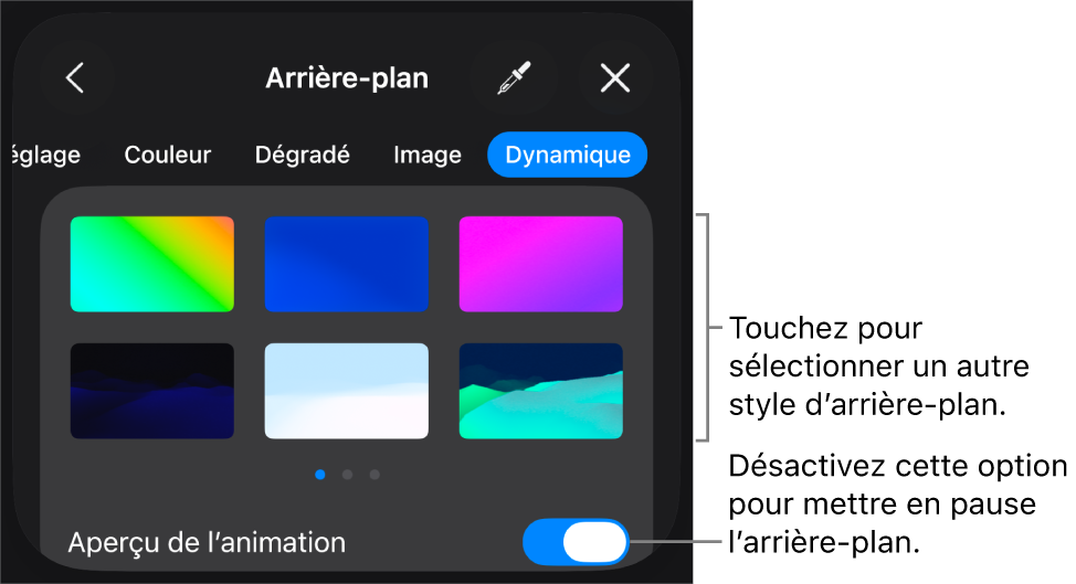 Les commandes liées aux arrière-plans dynamiques avec les vignettes des styles d’arrière-plans et le bouton « Prévisualiser le mouvement » affichés.