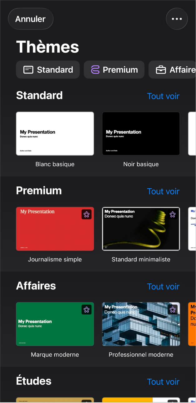 La liste de thèmes, avec un rang de catégories en haut que vous pouvez toucher pour filtrer les options. On trouve en dessous des vignettes de thèmes prédéfinis affichées en rangs par catégorie.