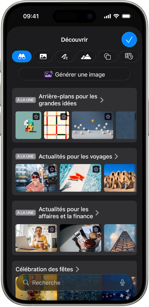 Le bouton Découvrir du centre de contenu affichant des options permettant de générer une image ou d’ajouter des images premium à une diapositive.
