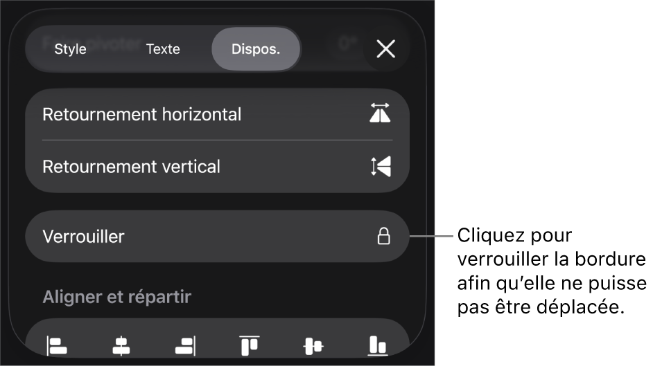 Les commandes Disposition dans le menu Format avec une légende reliée au bouton Verrouiller.