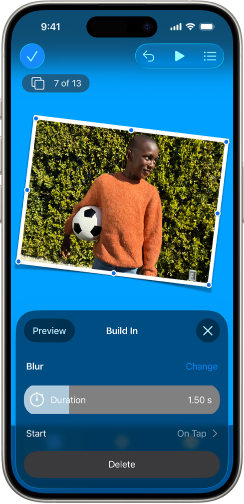 כלי הבקרה של ״הנפשה״ עבור התמונה שנבחרה בשקף. בתחתית המסך מוצגים כלי הבקרה עבור האפקט ״הנפשת כניסה״ שנמצא בשימוש.