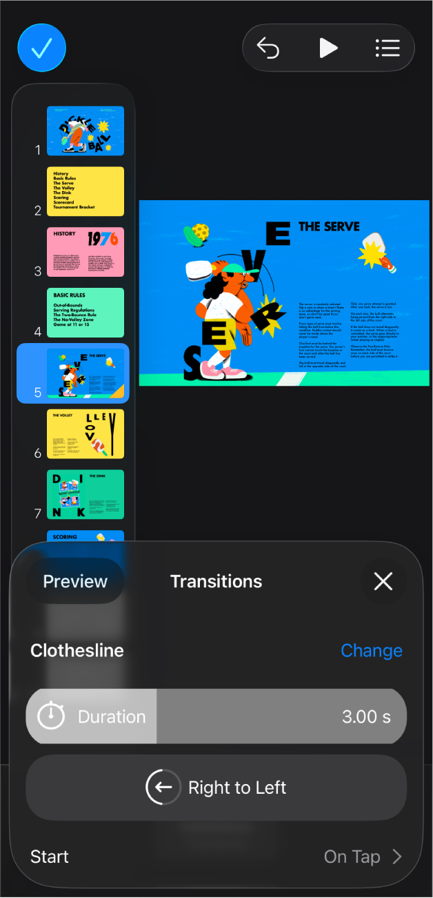 Keynote ऐप जिसमें स्क्रीन के बाईं ओर स्लाइड नैविगेटर में स्लाइड चुनी गई है। ट्रांज़िशन बटन चुनी गई स्लाइड के दाईं ओर मेनू में दिखाई देता है।