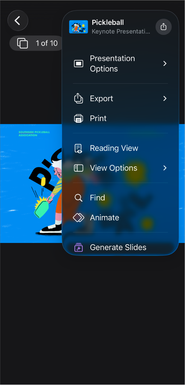 Keynote ऐप जिसके टूलबार पर क्रिया मेनू में एक्सपोर्ट विकल्प खुले हैं।