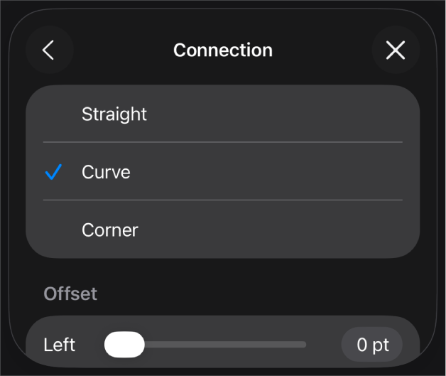 A Kapcsolatok vezérlők a kijelölt Görbe elemmel.