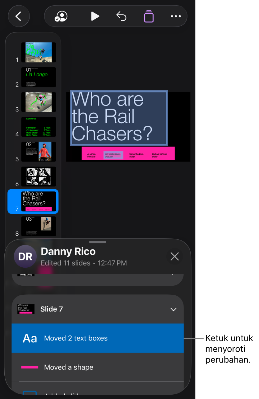 Presentasi kolaboratif dengan menu kolaborasi dan daftar aktivitas terbuka.