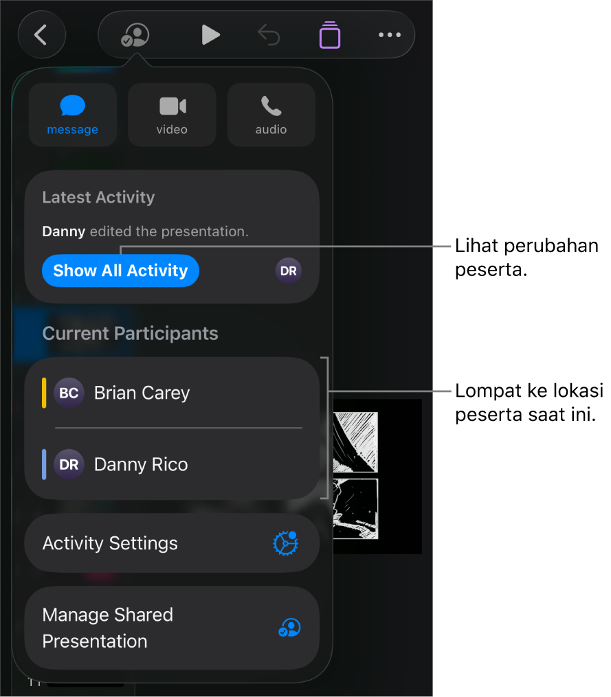 Menu kolaborasi dengan peserta saat ini terdaftar.