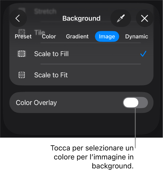 I controlli Sfondo, con un’immagine impostata come sfondo della diapositiva e il controllo “Sovrapposizione colore” nella parte inferiore.