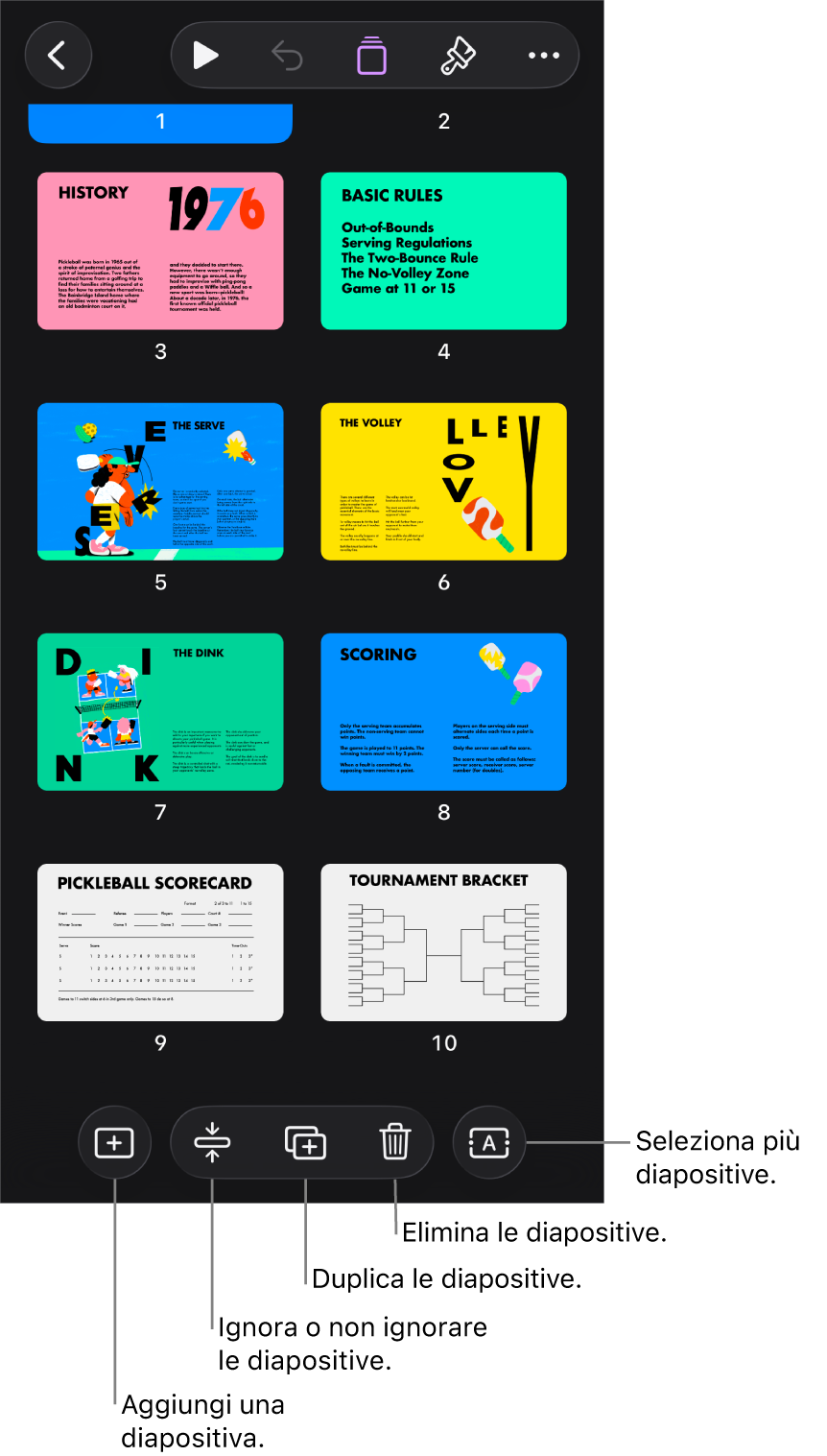 La vista “Tavolo luminoso” con pulsanti nella parte inferiore della schermata per aggiungere, saltare, duplicare ed eliminare le diapositive e per selezionare più diapositive.