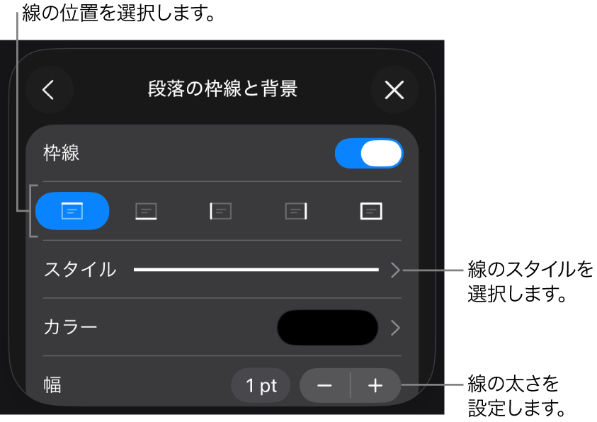 線のスタイル、太さ、位置、カラーを変更するためのコントロール。