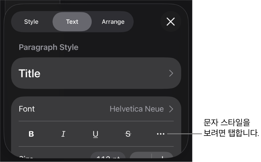 상단에 단락 스타일이 있고 그 아래에 서체 제어기가 있는 포맷 제어기. 서체 아래에는 볼드체, 이탤릭체, 밑줄체, 취소선 및 추가 텍스트 옵션 버튼이 있음.