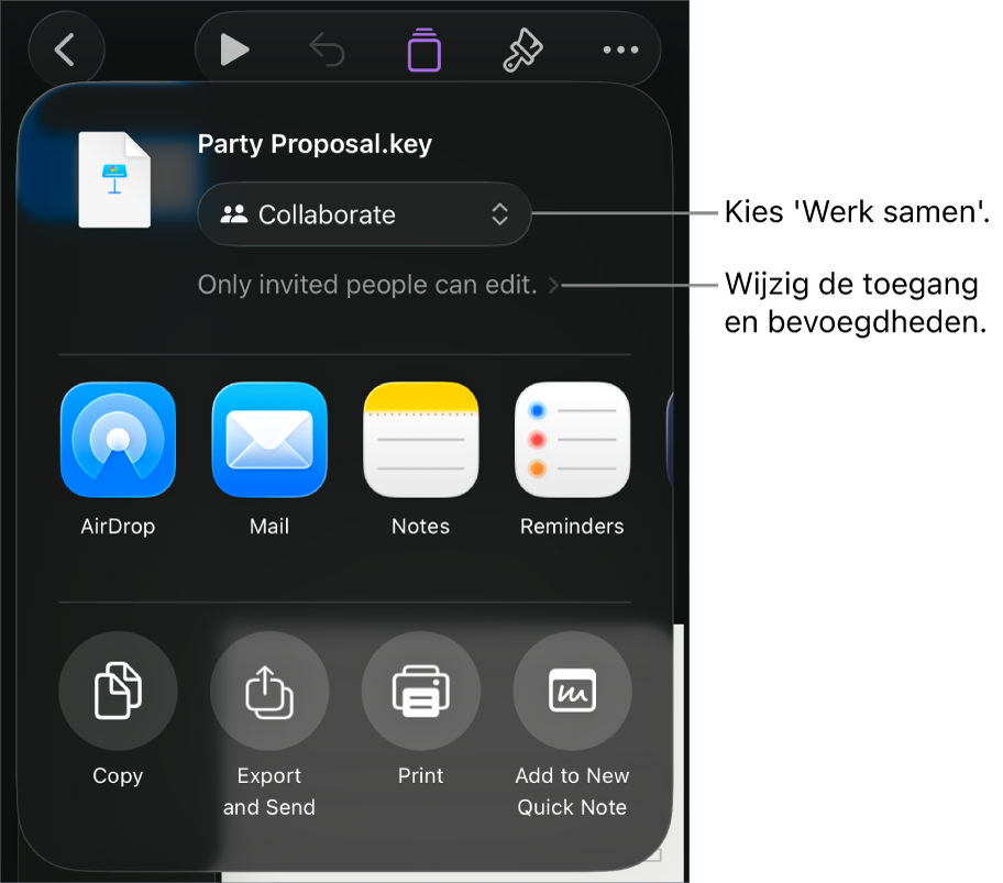 Het Deel-menu waarin bovenin 'Werk samen' is geselecteerd. Eronder staan toegangsinstellingen en bevoegdheden.