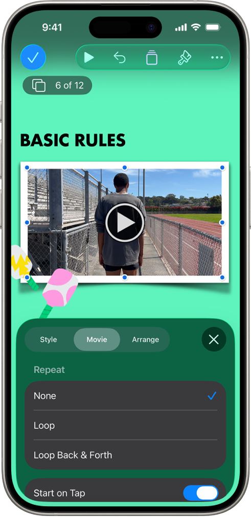 De opmaakregelaars voor het wijzigen van de grootte en de vormgeving van de geselecteerde video. Bovenaan de regelaars staan de knoppen 'Stijl', 'Film' en 'Orden'.
