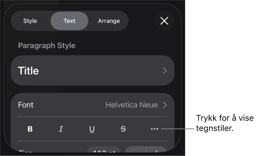 Format-kontrollene med avsnittsstiler øverst, deretter Font-kontroller. Under Font vises Halvfet-, Kursiv-, Understreket-, Gjennomstreket- og Flere tekstvalg-knappene.