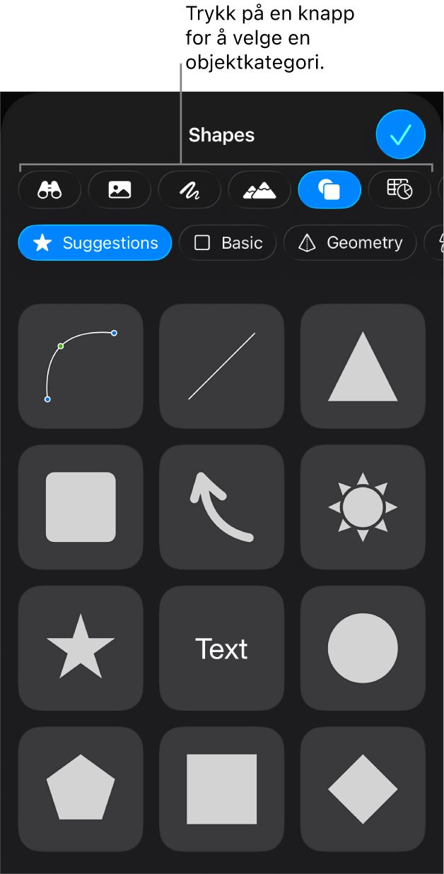 Kontrollene for å legge til et objekt, med knapper øverst for velge tabeller, diagrammer, figurer (inkludert linjer og tekstruter) og medier.