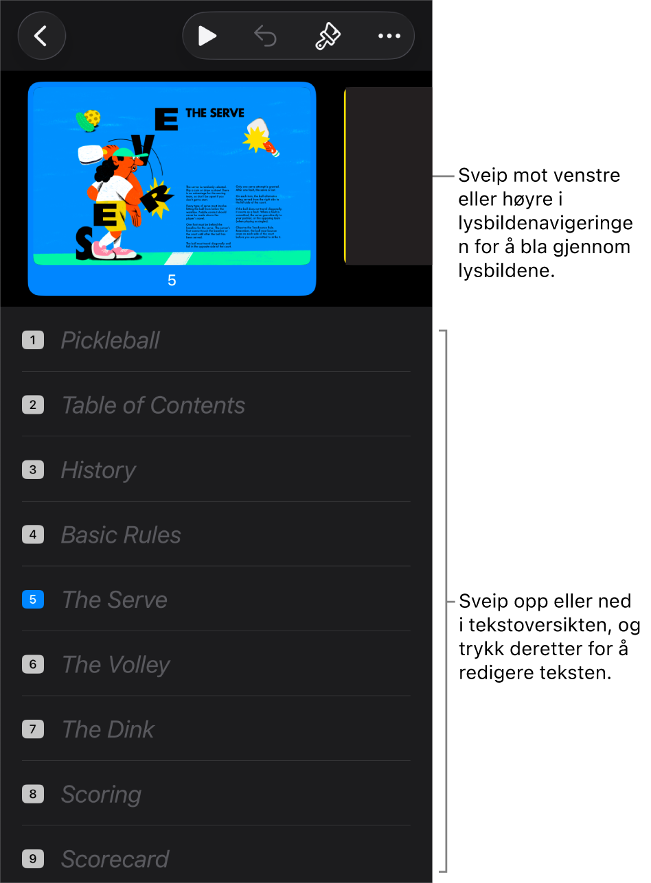 Disposisjonsvisningen, med den horisontale lysbildenavigeringen øverst på skjermen og en tekstdisposisjon for presentasjonen nederst.