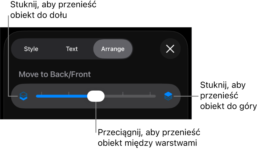 Przycisk przenoszenia niżej, przycisk przenoszenia wyżej i suwak warstw.