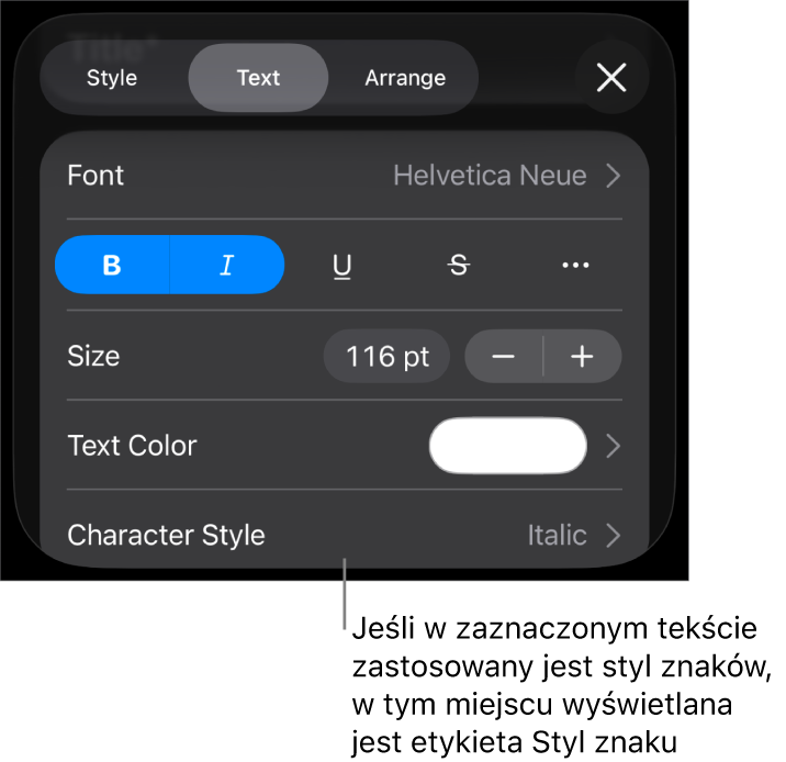 Narzędzia formatowania tekstu oraz menu stylów znaków widoczne poniżej narzędzi koloru. Styl znaków Brak wyświetlany jest z gwiazdką.