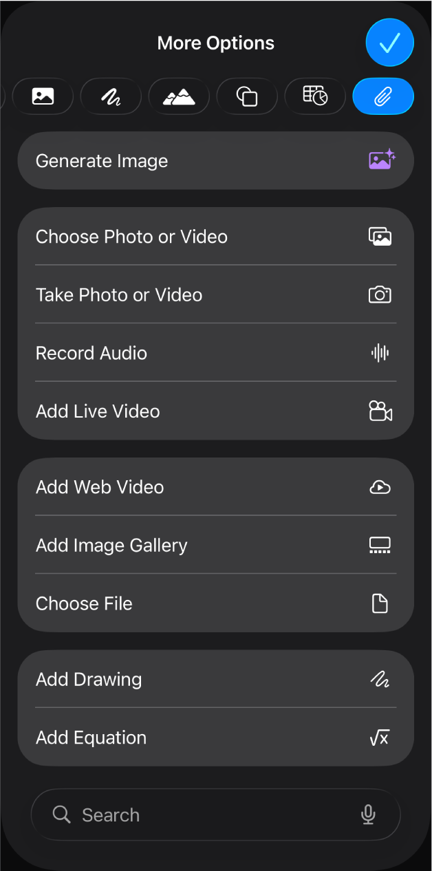 O menu Multimédia a mostrar botões para adicionar e gravar vários objetos de multimédia.
