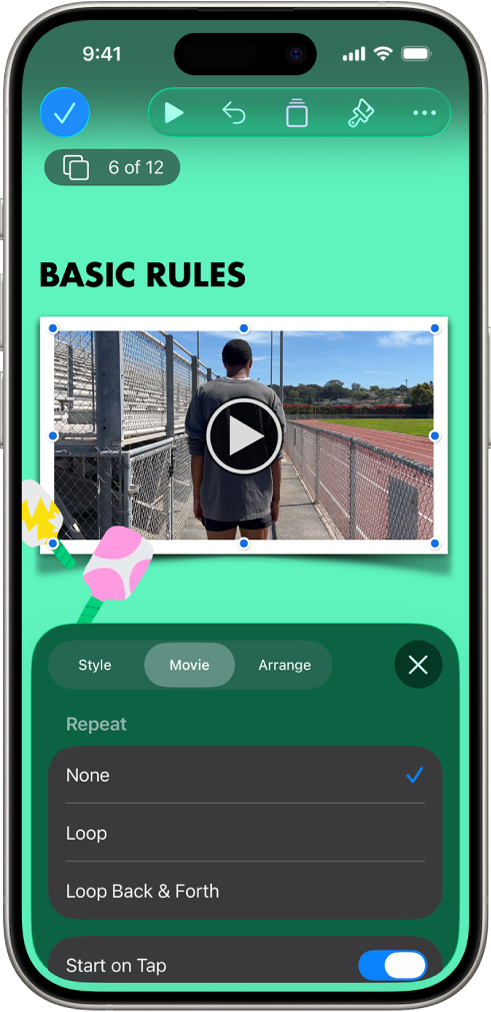 Os controlos de “Formatação” para alterar o tamanho e aspeto do vídeo selecionado. Os botões “Estilo”, “Filme” e “Ordem” encontram-se ao longo da parte superior dos controlos.