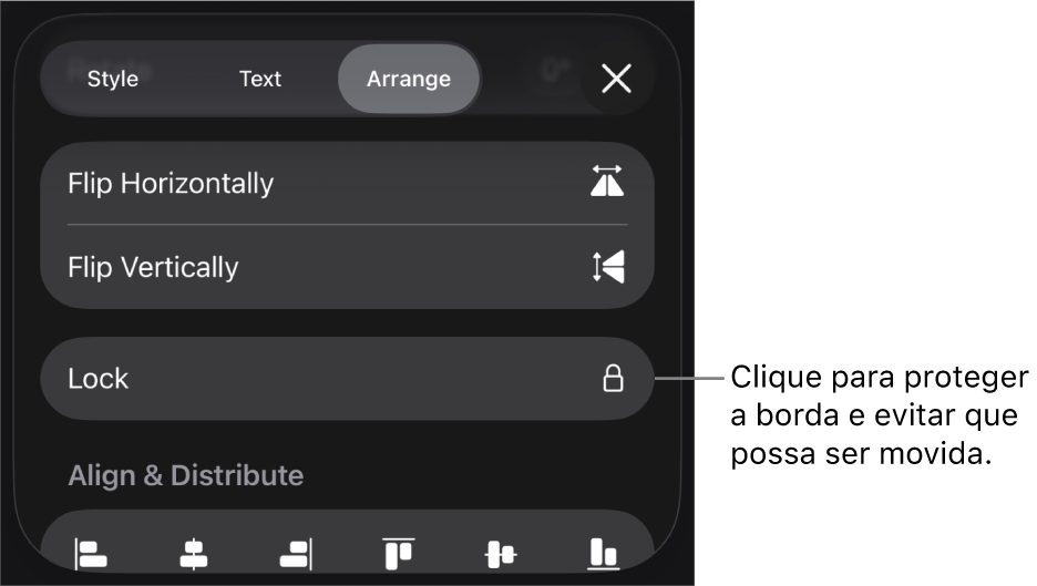 Os controlos de “Ordem” no menu “Formatação” com uma chamada para o botão “Proteger”.