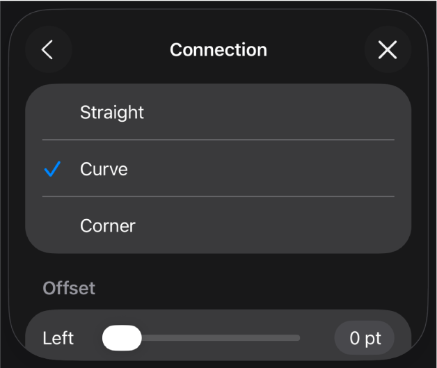 Os controlos de “Ligação” com “Curva” selecionada.