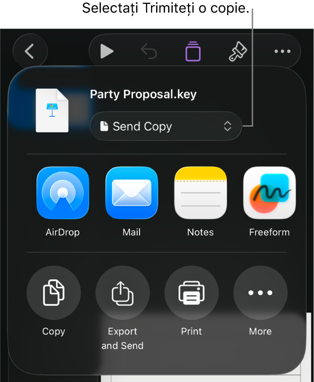 Meniul Partajează, cu opțiunea Trimite o copie selectată în partea de sus.