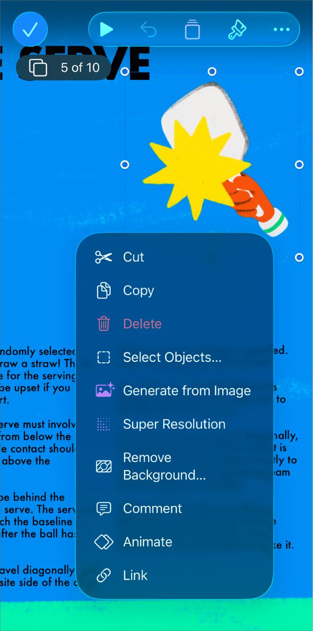 В приложении Keynote выбран объект. В меню над выбранным объектом отображается кнопка «Анимация».