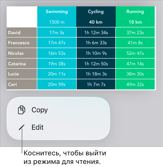Выбрана таблица; под ней отображается меню с кнопками «Скопировать» и «Правка».