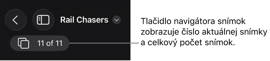 Tlačidlo navigátora snímok zobrazujúce aktuálne číslo snímky a celkový počet snímok v prezentácii.