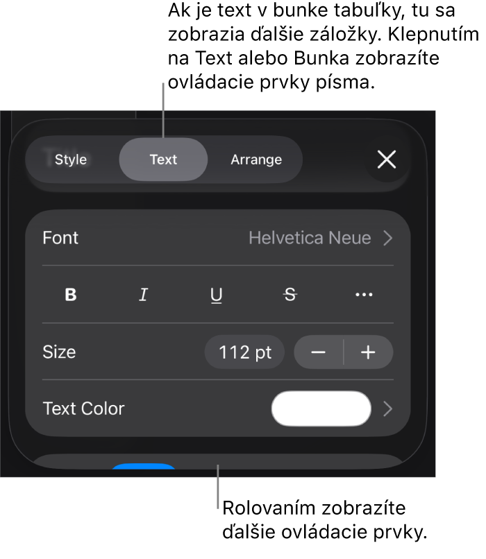 Ovládacie prvky textu v menu Formát pre nastavenie štýlov, písma, veľkosti a farby odsekov a znakov.