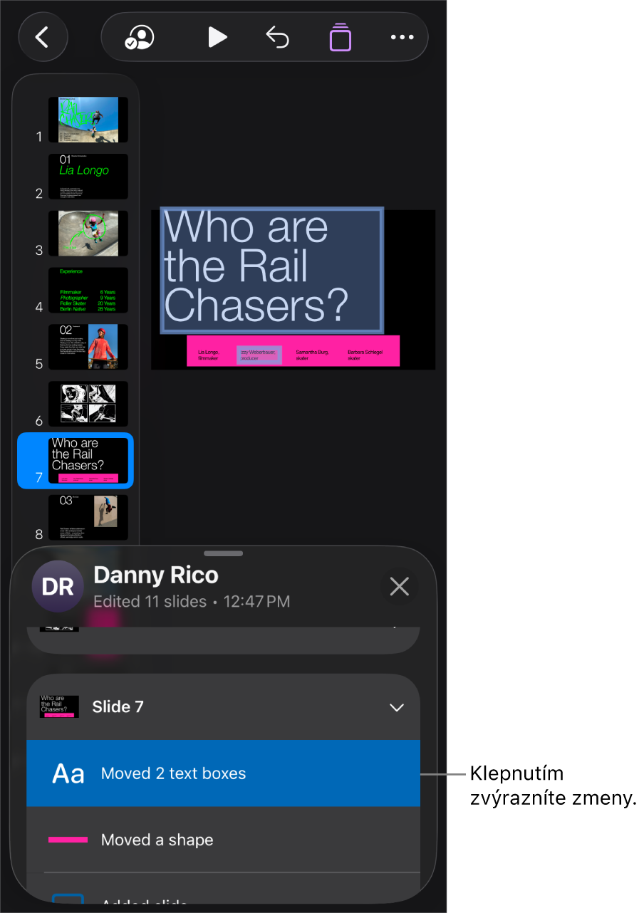 Spoločná prezentácia s otvoreným menu spolupráce a zoznamom aktivít.