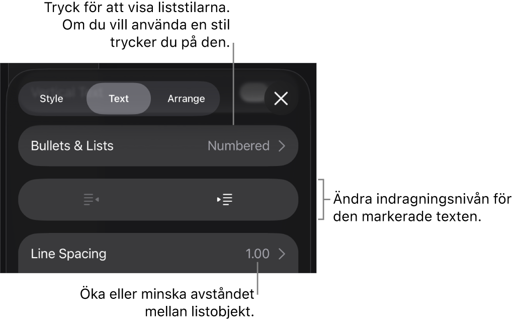 Avsnittet Punkter och listor i formatreglagen med streck som pekar på Punkter och listor, knapparna för indrag och minskat indrag samt reglage för radavstånd.