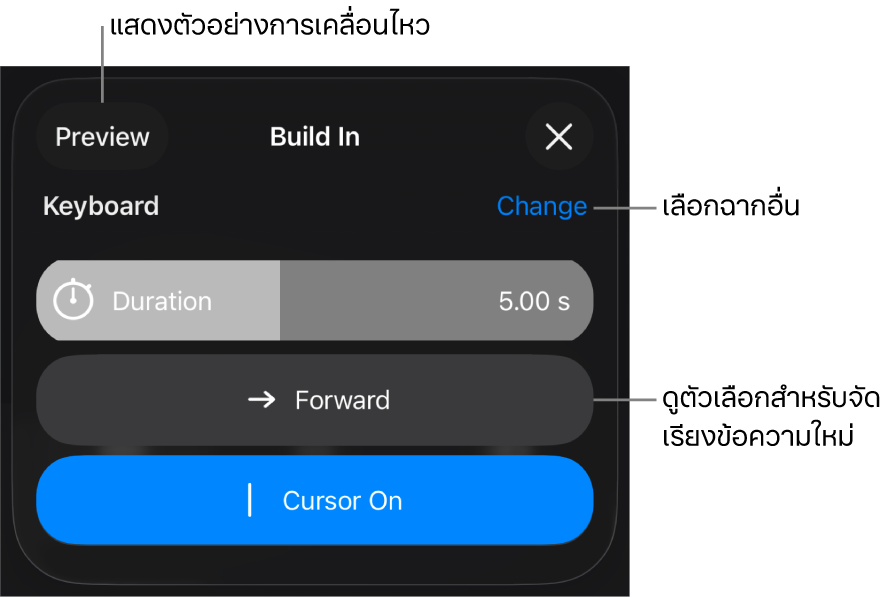 ตัวเลือกฉากเข้ารวมถึงระยะเวลา การเคลื่อนไหวข้อความ และการจัดฉาก แตะ เปลี่ยน เพื่อเลือกฉากอื่น หรือแตะ แสดงตัวอย่าง เพื่อแสดงตัวอย่างฉาก