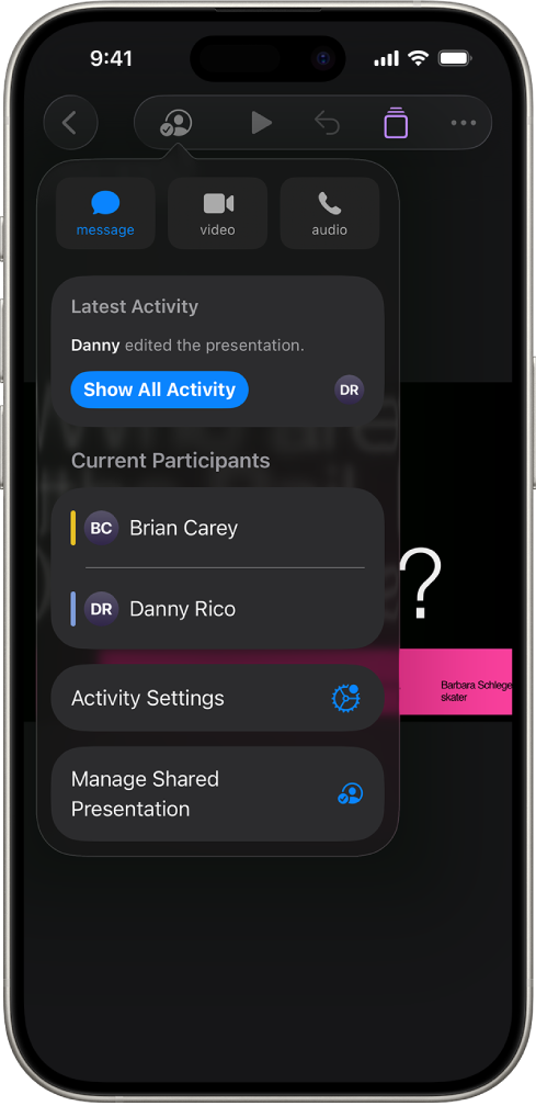 Sunuda ortak çalışan kişilerin adlarını gösteren ortak çalışma menüsü.