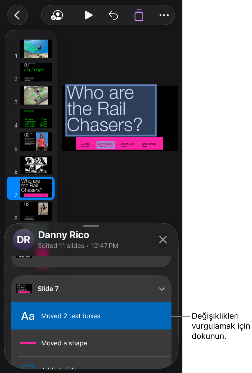 Ortak çalışılan sunuda ortak çalışma menüsü ile etkinlik listesinin her ikisi de açık.