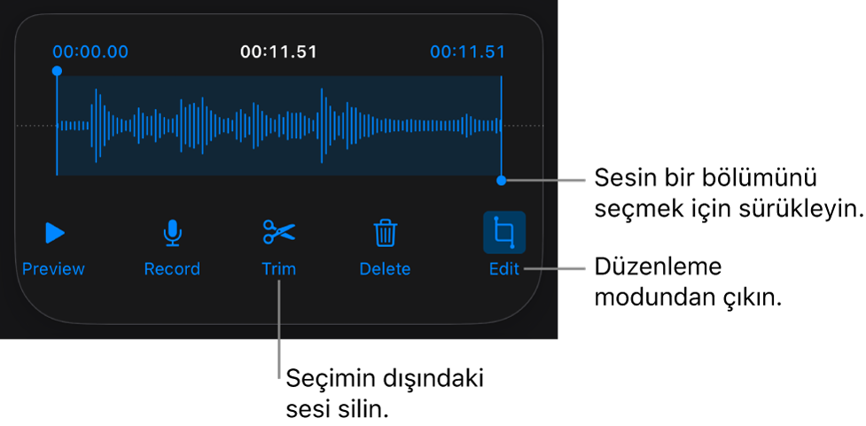 Kaydedilen sesi düzenleme denetimleri. Tutamaklar kaydın seçilen kısmını gösterir; Önizleme, Kaydet, Kes, Sil ve Düzen Modu düğmeleri aşağıdadır.