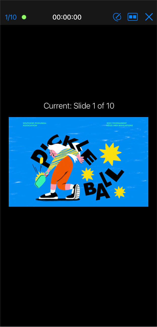 Ứng dụng Keynote với chế độ xem thuyết trình đang hiển thị. Trang chiếu hiện tại xuất hiện ở giữa màn hình. Một thanh công cụ xuất hiện ở đầu màn hình với bộ đếm trang chiếu ở bên trái, thời gian ở giữa và các nút Vẽ, Bố cục và Thoát ở bên phải.