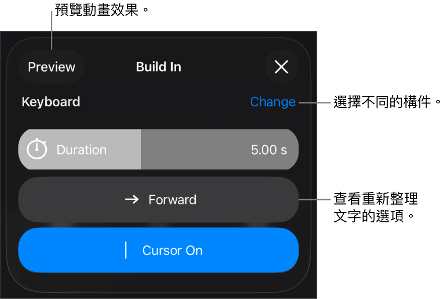 「構件進入」選項包含「持續時間」、「文字動畫」和「播放方式」。點一下「更改」來選擇不同構件,或點一下「預覽」來預覽構件。
