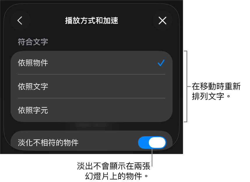 「加速」面板中的「瞬間移動」播放方式和加速選項。
