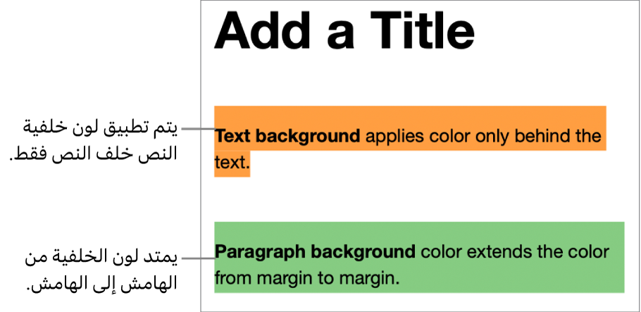 إحدى الفقرات بلون خلف النص فقط، وفقرة ثانية بلون خلفها يمتد من الهامش إلى الهامش ككتلة.
